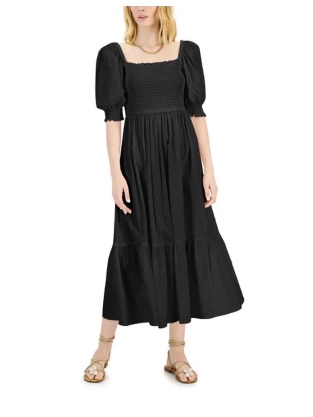 INC International Concepts Women's Black Smocked Puff Sleeve Maxi Dress L NWT
